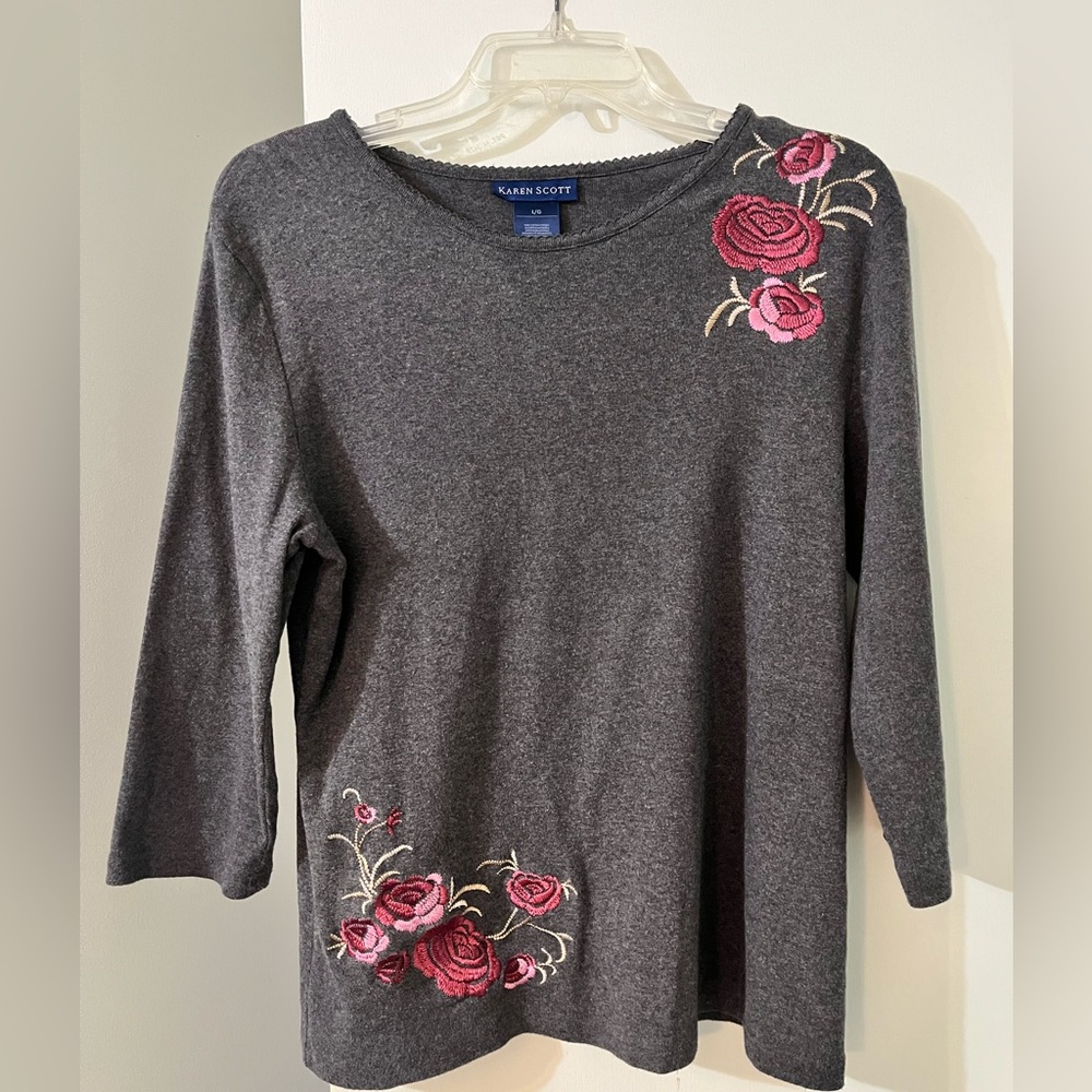 Karen Scott 💯 Cotton Embroidered Floral 3/4-Sleeve Top
